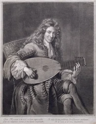 Retrato de Mouton tocando el laúd, grabado por Gerard Edelinck